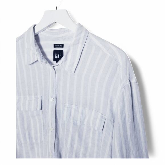 GAP 100% Linen Cropped Shirt Light Blue & White - Size XL - Picture 4 of 8